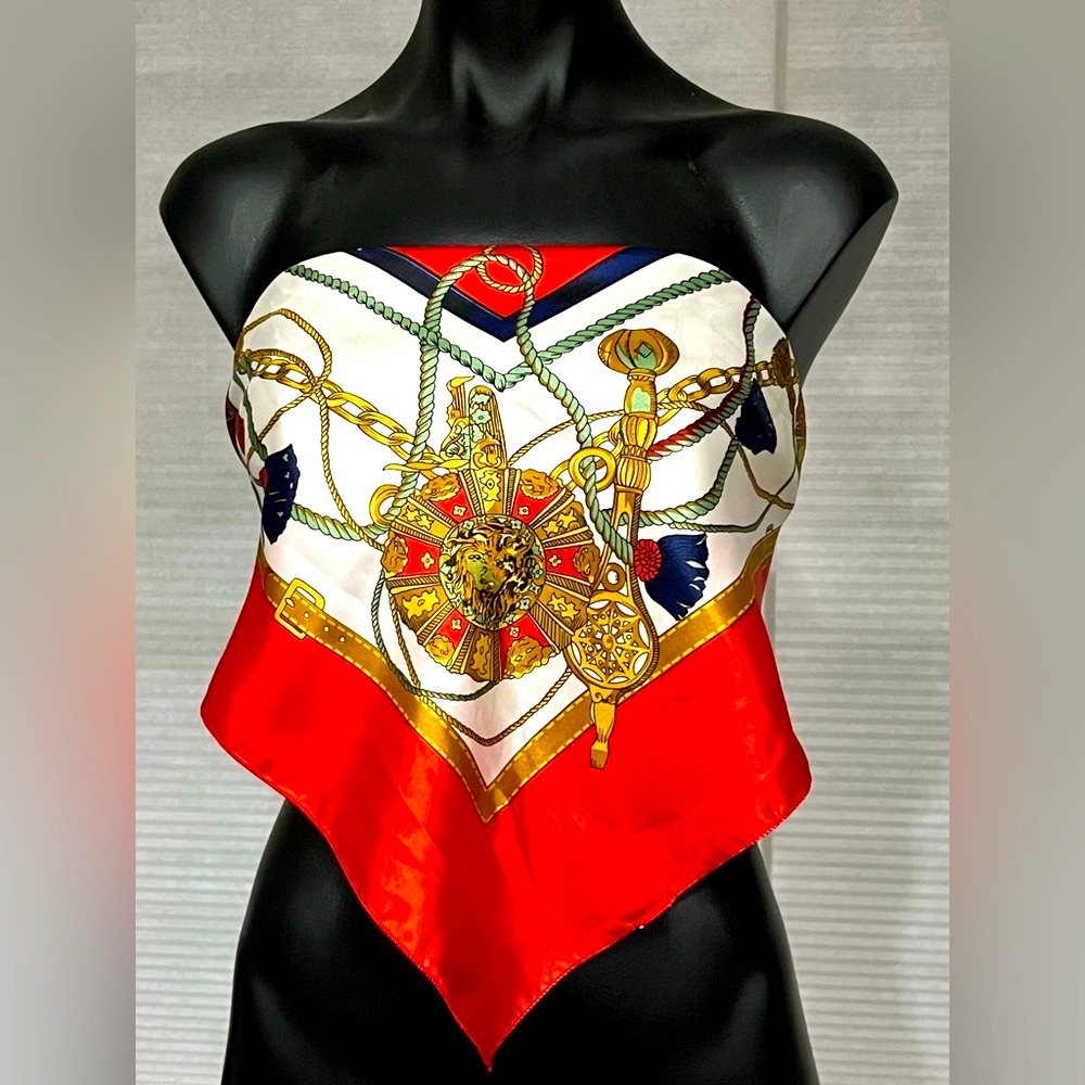 Berkshire 33 inch square scarf. Beautiful red, navy, gold. Head-wrap,halter top